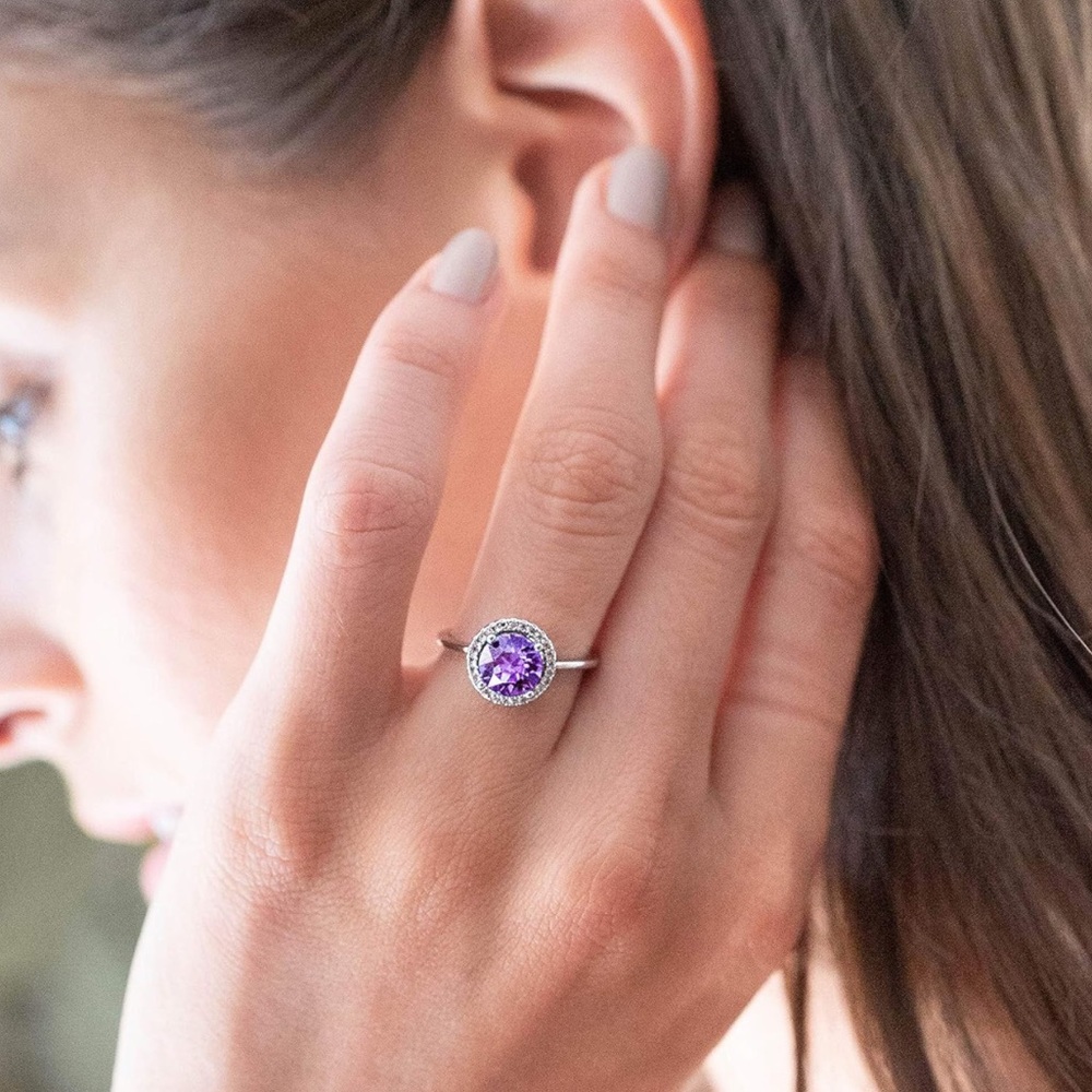 Dainty Amethyst Halo 14k White Gold February Birthstone Ring - Picture 10 of 11